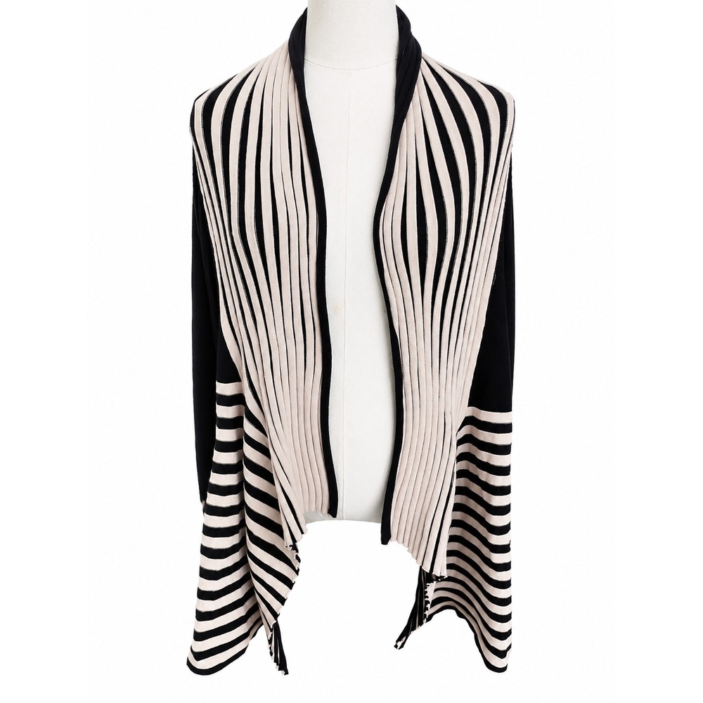 By Design Black Tan Striped Waterfall Cardigan Sweater Size Medium